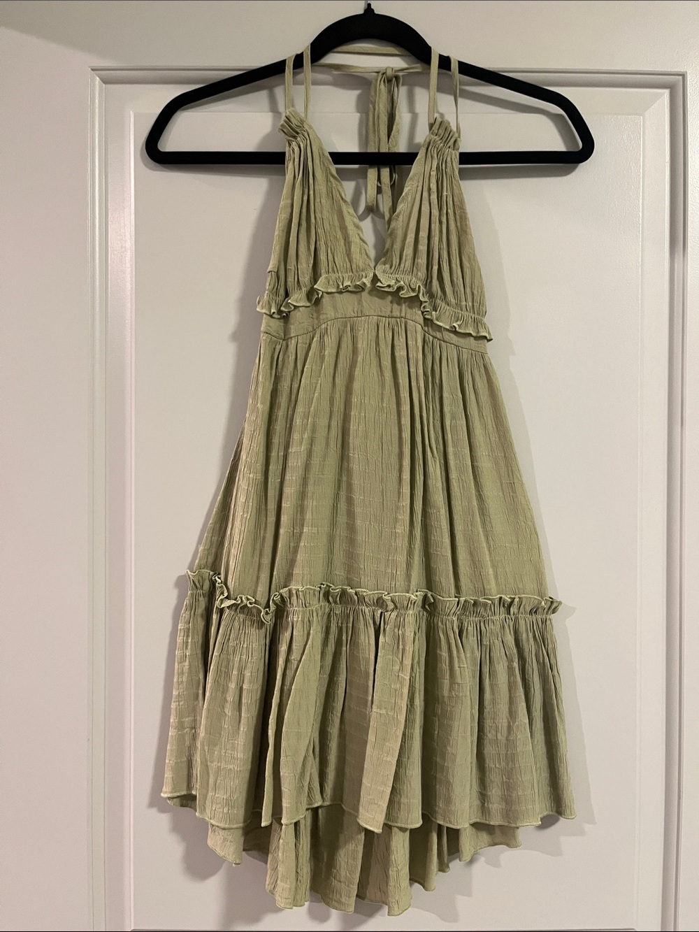 SHEIN Olive Green Halter Ruffled Tiered Mini Dress